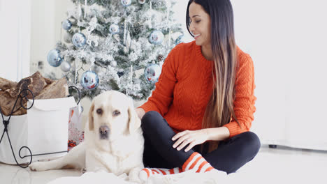 Mujer-Joven-Y-Su-Perro-Celebrando-La-Navidad.