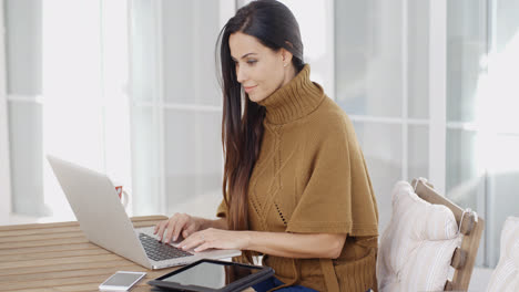 Attraktive-Frau-Sitzt-Auf-Einem-Laptop-Und-Tippt