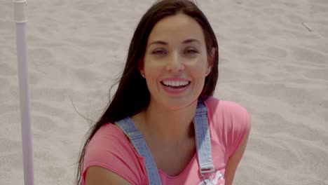 Close-up-of-happy-lady-with-ocean-background