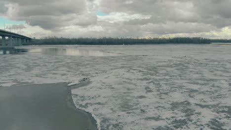 Tiefgefrorener-Fluss-Am-Ufer-Mit-Dichtem-Wald-Am-Horizont