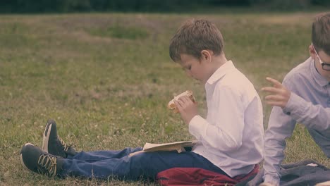 boy-in-white-shirt-sits-on-grass-and-eats-tasteless-sandwich