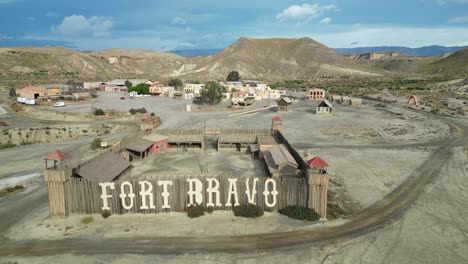 Fort-Bravo-Western-Theme-Park-in-Tabernas-Desert,-Almeria,-Andalusia,-Spain---Aerial