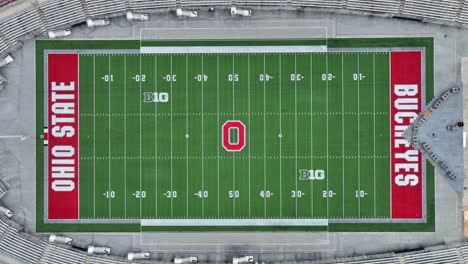 Top-down-of-Ohio-Stadium-field,-home-of-the-Ohio-State-University-Buckeyes-football-team