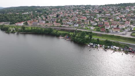 Aerial-lakefront-view-of-Jonkoping-district,-Sweden