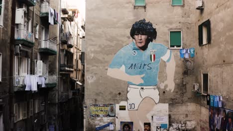 Aerial-view-of-Diego-Maradona-Mural-on-wall-of-block-in-Italian-city