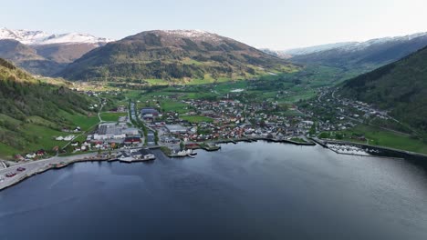 Sunset-in-Vik-Sogn-Norway---Aerial-of-idyllic-village-seen-from-Sognefjord-seaside