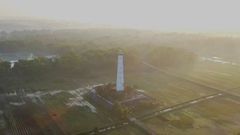 Orbit-drone-shot-of-lighthouse-on-the-beach-in-sunrise-time
