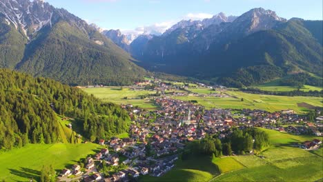 Aerial-shot-of-Village-Toblach-in-the-evening-light,-South-Tyrol,-Italy