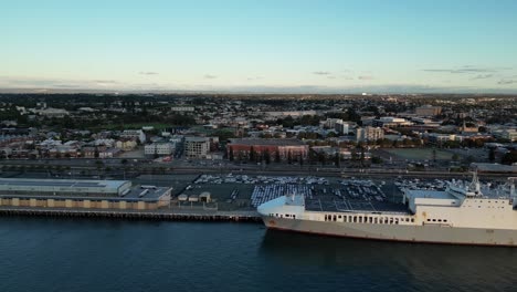 Big-Ship-in-Fremantle-Port,-Perth-Australia,-Laying-in-the-Harbor,-Filmed-by-Drone
