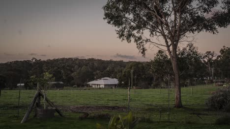 Time-lapse-shot-of-countryside-farm-in-Margaret-River-with-flying-clouds-at-sunset-time,-Australia