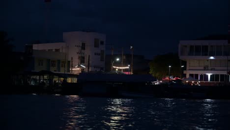 Die-Kamera-Schwenkt-Von-Links-Nach-Rechts,-Während-Sich-Das-Pumpenboot-Vorwärts-Bewegt,-Um-Glühwürmchen-Auf-Dem-Schwimmenden-Markt-Von-Amphawa-In-Thailand-Zu-Betrachten