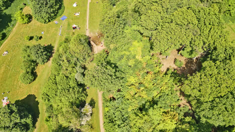 Drone-captured-footage-of-a-British-summer-park—individuals-relishing-a-winding-stream,-appealing-picnic-spots,-and-wooded-tourist-draw