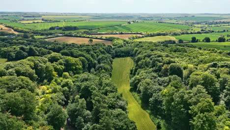 Aerial-drone-video-of-a-UK-summer-park—individuals-savoring-a-meandering-stream,-delightful-picnic-spots,-and-a-wooded-attraction