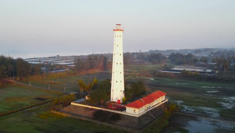 Indonesia-white-coastal-lighthouse,-aerial-drone-view