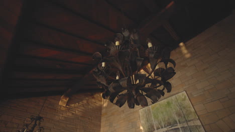 Dolly-past-metal-chandelier-on-ceiling-of-rustic-cabin