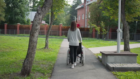 Woman-walks-in-park-pushing-child-sitting-in-wheelchair