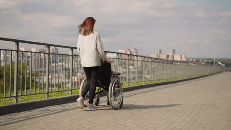 Woman-pushes-wheelchair-with-child-walking-in-modern-park