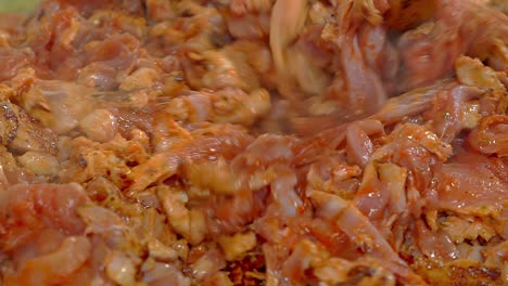 Close-up-slow-motion-Cooking-and-mixing-freshly-appetizing-chicken-meat