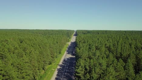 Aerial-Slow-motion-Flying-over-highway-located-in-dense-forest-On-the-road-passing-cars-and-trucks
