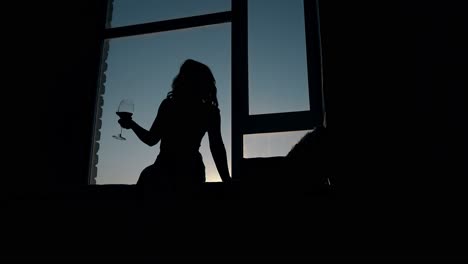 Silhouette-Eines-Mädchens-Mit-Wein,-Das-Am-Fenster-Sitzt-Und-Tanzt