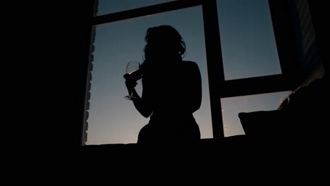 Silhouette-Eines-Mädchens,-Das-Wein-Im-Glas-Auf-Der-Fensterbank-Schüttelt