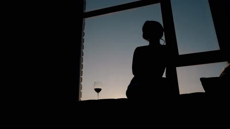 woman-silhouette-straightens-hair-near-wineglass-at-window