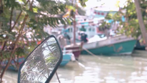 reflection-of-palm-leaves-in-mirror-against-blurred-boats