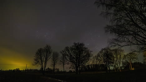 Timelapse-of-clouds-covering-beautiful-starry-night-sky-with-trees