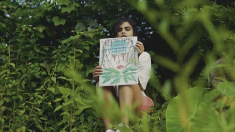 A-young-girl-showing-off-artwork-while-sitting-between-lush-greenery-and-staring-intensely
