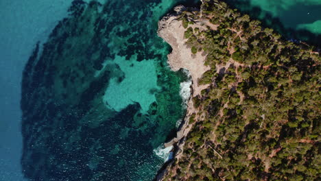 Scenic-Landscape-Of-Cala-Mondragó-And-S'Amarador-Beach-In-Mallorca,-Spain---aerial-top-down