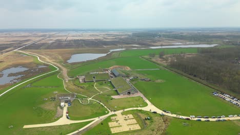 Aerial-View-of-Dutch-Farm:-Sheephouse-Amidst-Idyllic-Landscape