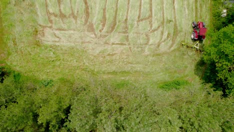 Modern-red-lawnmower-moving-through-green-field-cutting-grass