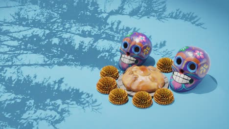 Tag-Der-Toten,-Mexikanischer-Feiertagshintergrund-Mit-Totenköpfen-Und-Ringelblumen