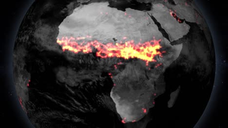 Planet-earth-globe-animation-of-Africa-continent-with-map-of-Fire-Information-showing-the-wildfire-points-in-the-region,-climate-change-global-warming-concept,-view-from-the-space