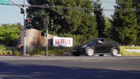 Netflix-sign-as-seen-from-across-the-street,-headquarters-in-Los-Gatos,-California