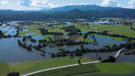 Aerial-approaching-shot-of-natural-intermittent-Lake-Cerknica-surrounded-by-scenic-landscape-ion-Slovenia