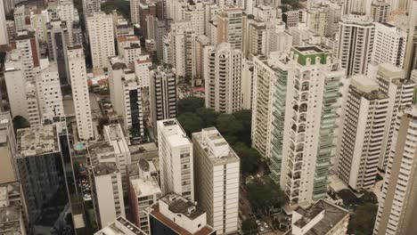 Aerial-drone-shot-showing-high-rise-buildings-and-towers-of-downtown-in-Sao-Paulo,-Brazil