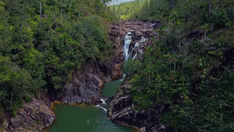 Aerial-towards-Big-Rock-Falls-in-the-Mountain-Pine-Ridge-Forest-Reserve,-Belize
