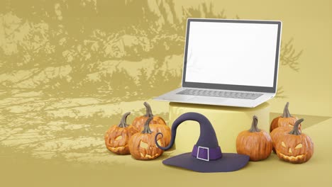 Jack-O-Laterne-Halloween-Kürbisse-Mit-Geöffnetem-Laptop-Mit-Weißem-Bildschirm-Und-Leerem-Raum