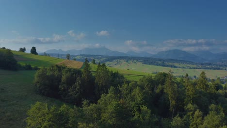 Rising-On-Green-Sloping-Mountains-Revealing-Countryside-Township-In-Dzianisz,-Tatra-County,-Southern-Poland