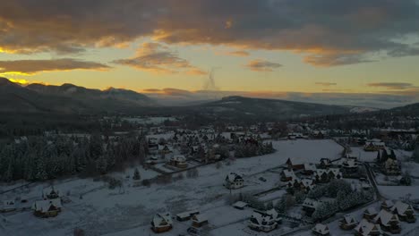 Snowy-Landscape-In-Zakopane-Town-During-Golden-Hour-In-Winter-In-Southern-Poland
