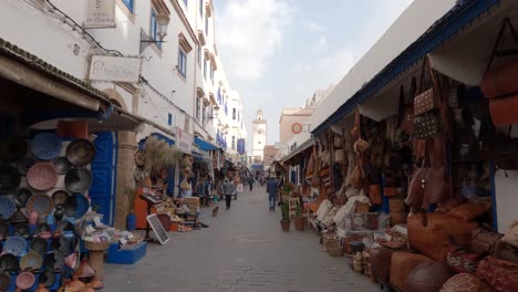 Traditional-street-market-of-antiques,-local-bazar-in-Essaouira,-Medina,-Morocco