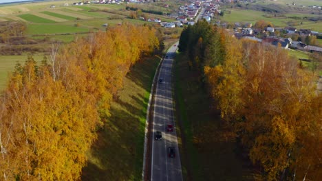 Flying-Over-A-Beautiful-Country-Road-With-Cars-Between-Autumn-Trees---drone-shot