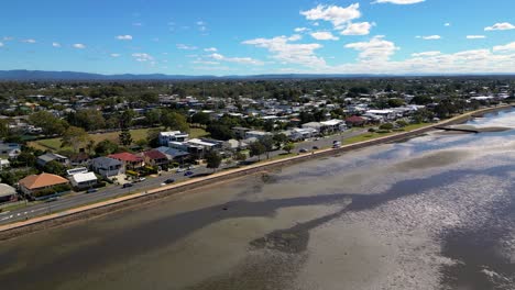 Aerial-view-of-Sandgate-and-Brighton-waterfront-on-a-sunny-day,-Brisbane,-Queensland,-Australia