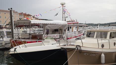 Excursion-and-private-boats-moored-up-in-the-Rovinj-harbour,-Croatia