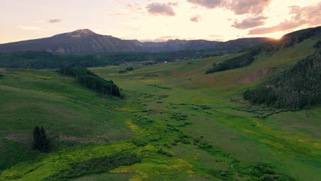 Aerial-at-sunset-over-a-lush-green-valley-near-Crested-Butte-mountain,-Colorado,-USA