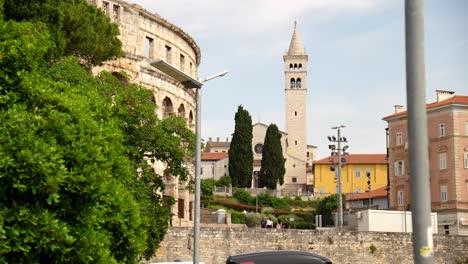 Anfiteatro-Y-Torre-De-La-Iglesia-De-San-Esteban,-Pula,-Istria,-Croacia