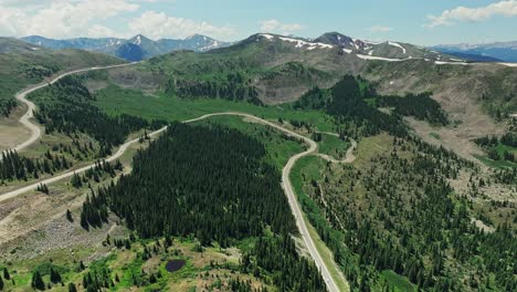 Aerial-over-a-winding-road-near-Cottonwood-Pass,-Colorado,-USA