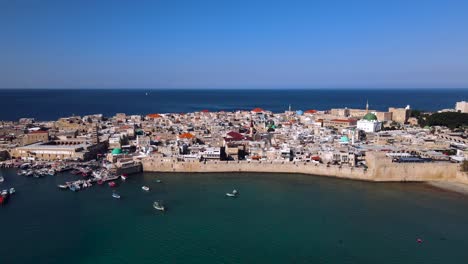 Aerial-Footage-Of-The-Old-City-Bay-And-Port-Of-Acre-Or-Akko,-Israel