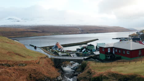 Faroe-Islands-4K-Aerial-of-River-at-Haldarsvík,-Streymoy